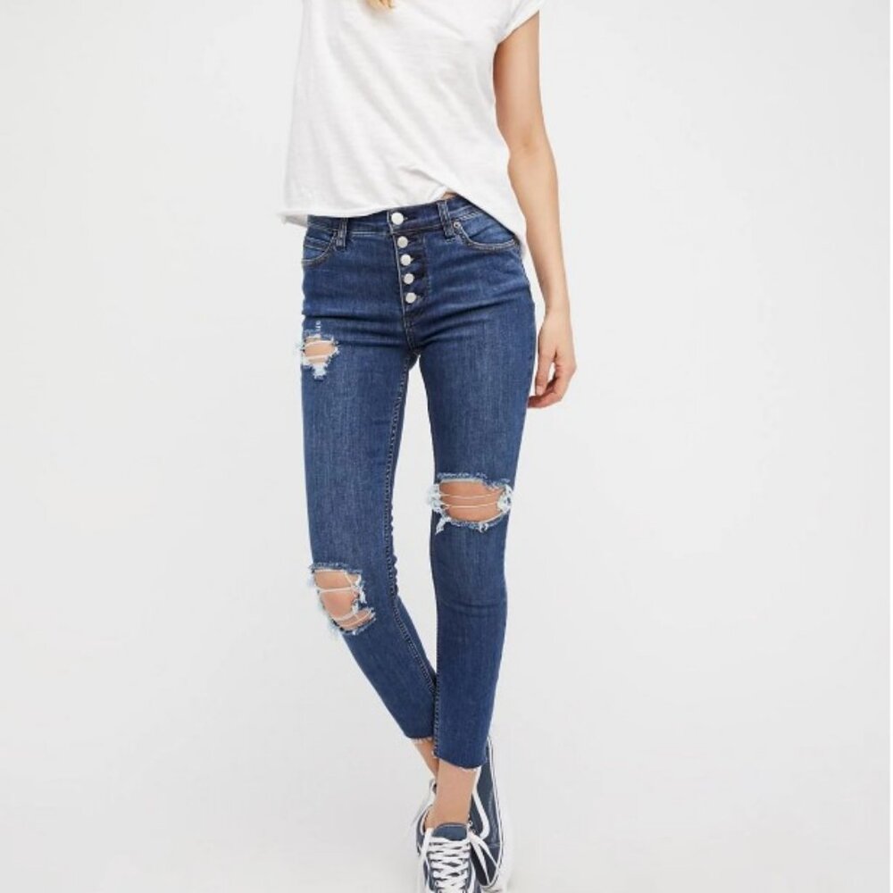 Free People Jeans Womens 29‎ Skinny Button Fly 70's Blue Distressed Mid Rise
